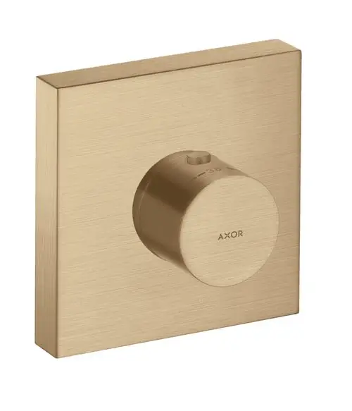 Thermostatmodul von AXOR in Brushed Bronze mit einem runden Drehknopf auf einer quadratischen Platte. Eignet sich für die installation im Badezimmer.